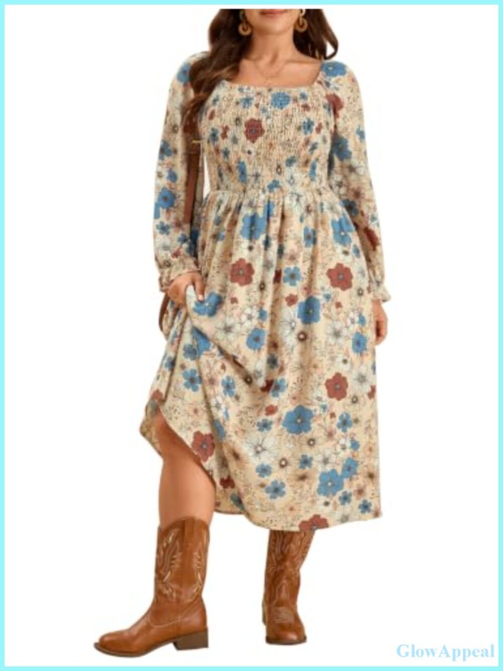 Plus Size Floral Square Neck Smocked Maxi Dress Long Sleeve Flowy A-Line